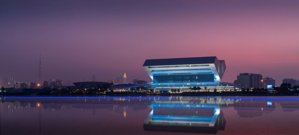 The image shows the library, with a night perspective.