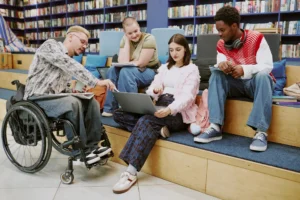 Pick Up Lockers 3 Three diverse students collaborating in a modern library, highlighting accessibility and inclusion.