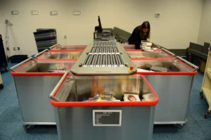 Bibliotheca flex AMH automated materials handling system sorting returned library items into bins at Forsyth County Public Library.